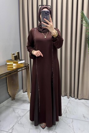 Alya NUR ELBİSE Kristal Belis Kumaş Kadın Kahverengi Yanları Yapıştırma Taşlı...