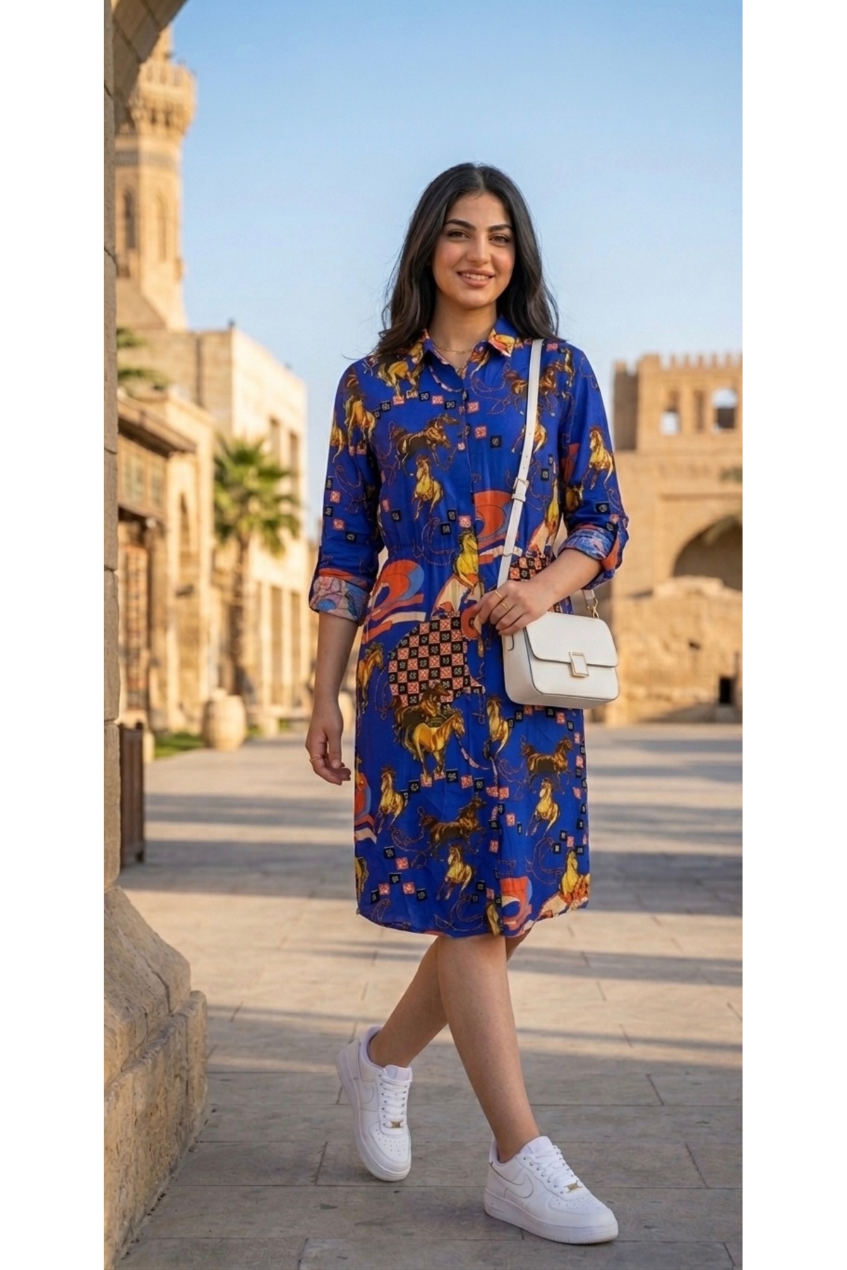 Horse Patterned Viscose Shirt Dress - Saxe Blue