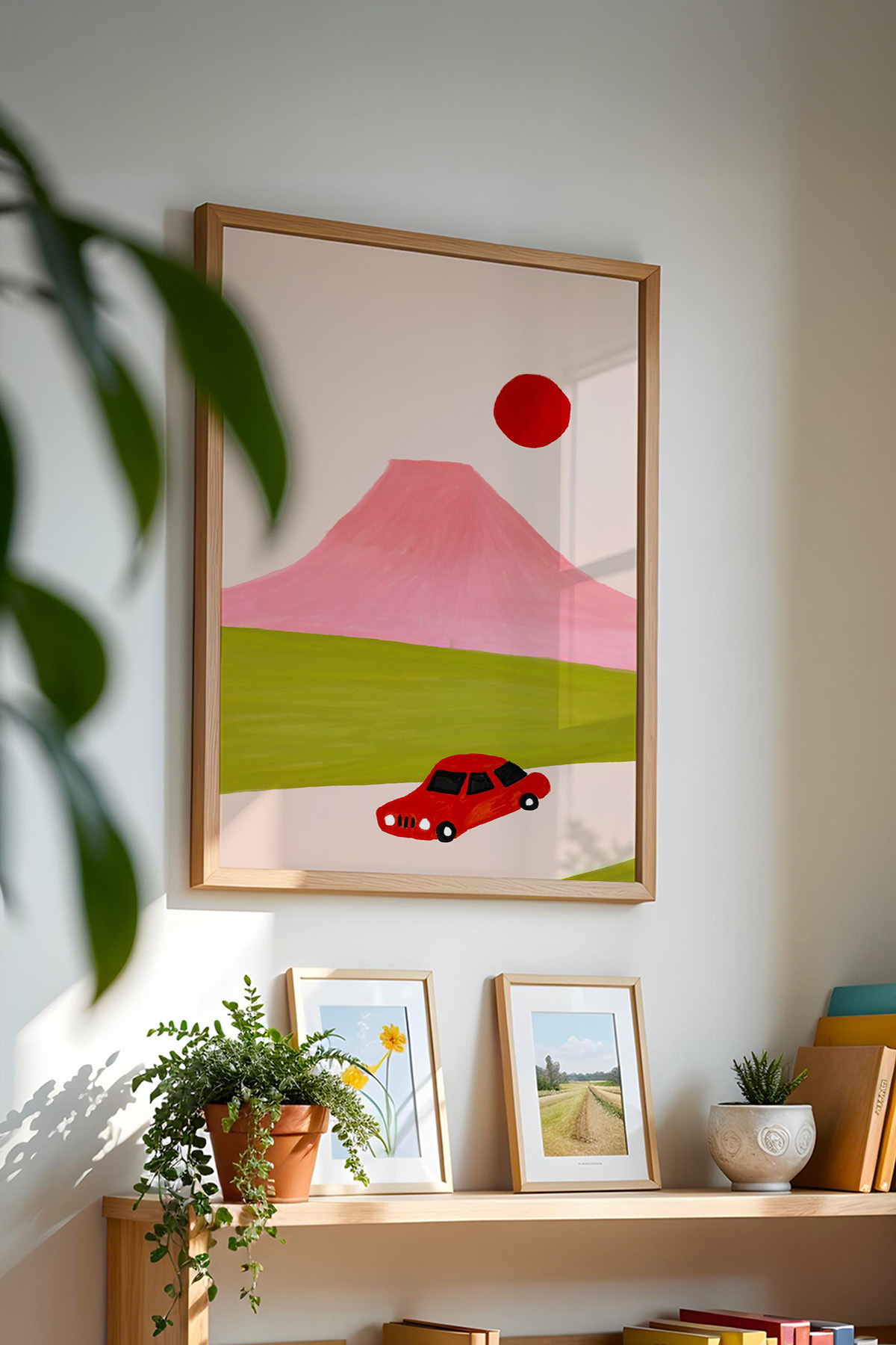 Minimal Dağ Yolu Tablo Poster Pembe Manzara Araba İllüstrasyon Çerçevesiz
