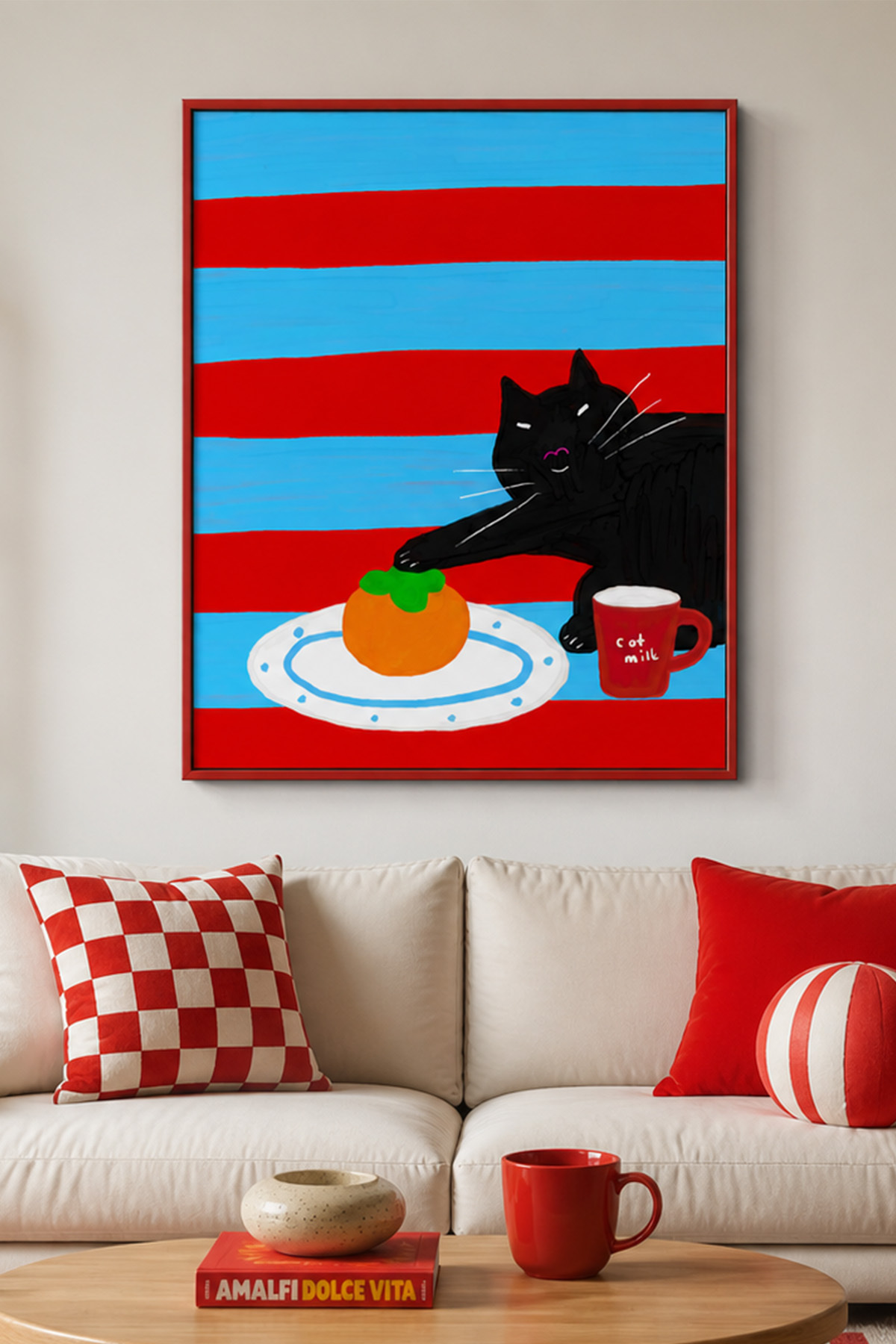 Siyah Kedi ve Portakal Tablo Poster Renkli Mizahi İllüstrasyon Çerçevesiz