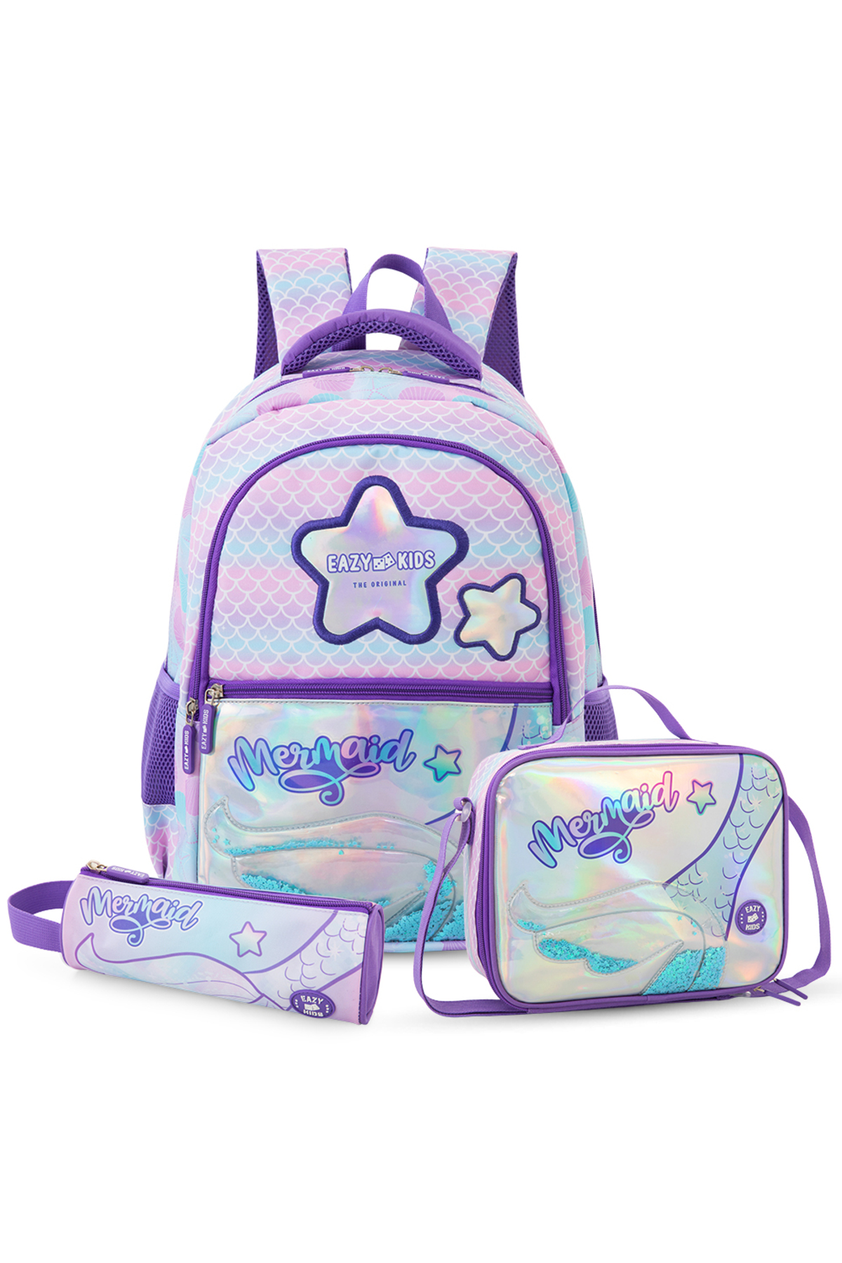 Eazy Kids 16”School Bag Set of 3- Backpack, Lunch Bag & Pencil Case Purple