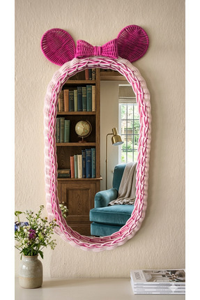 Niobehome Rattan Pembe Fiyonklu Mickey Mouse Ayna