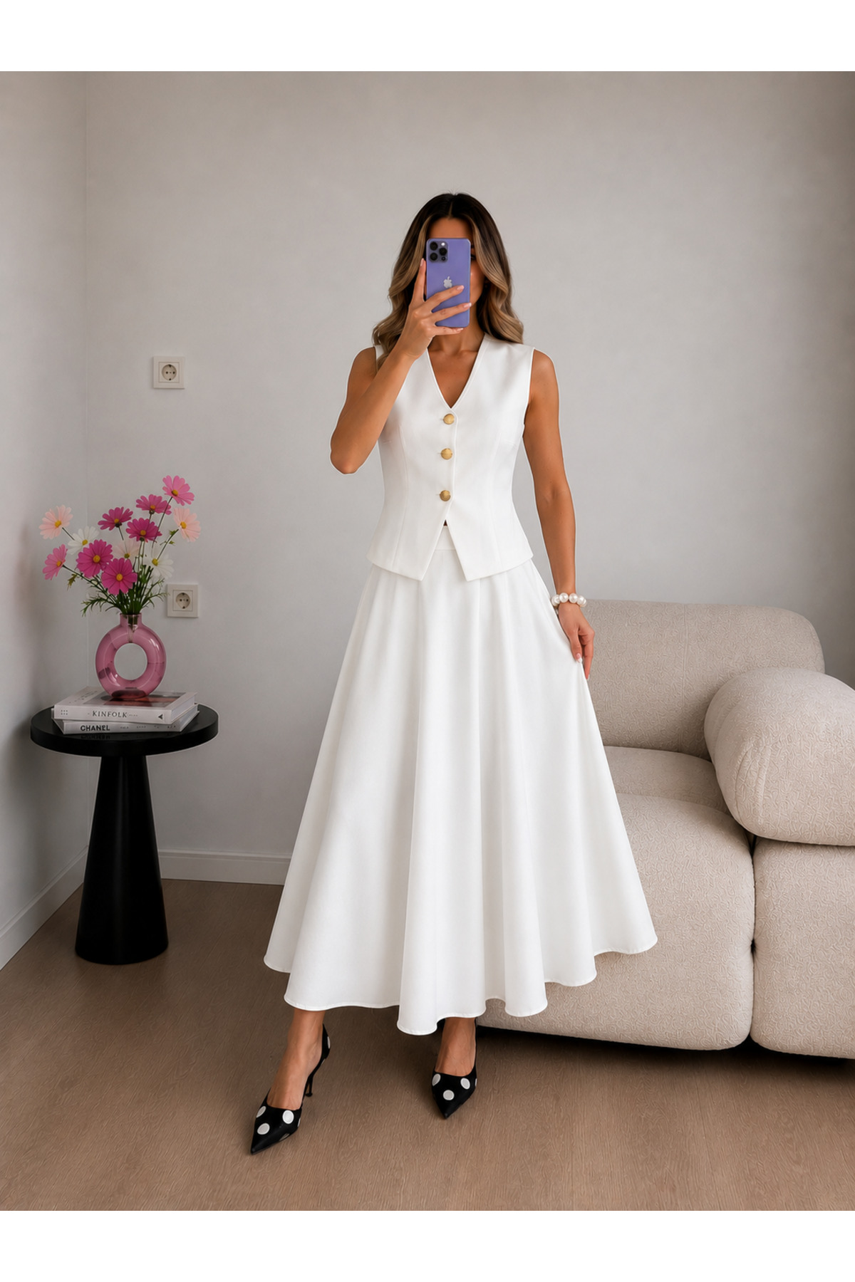 Gold Buttoned Vest Skirt 2pcs Blazer Set