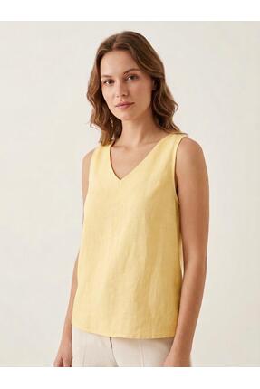 MYSZI Sarı Tencel Kumaş Kolsuz Bluz