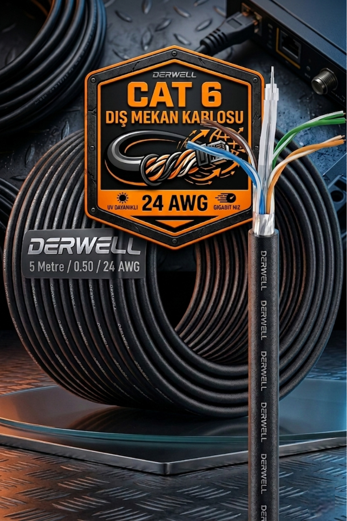 5 Metre Cat 6 Dış Mekan İnternet Ethernet Kablosu 24 AWG UV Dayanıklı Su Geçirmez Siyah Bakır Modem Bağlantı Kablosu