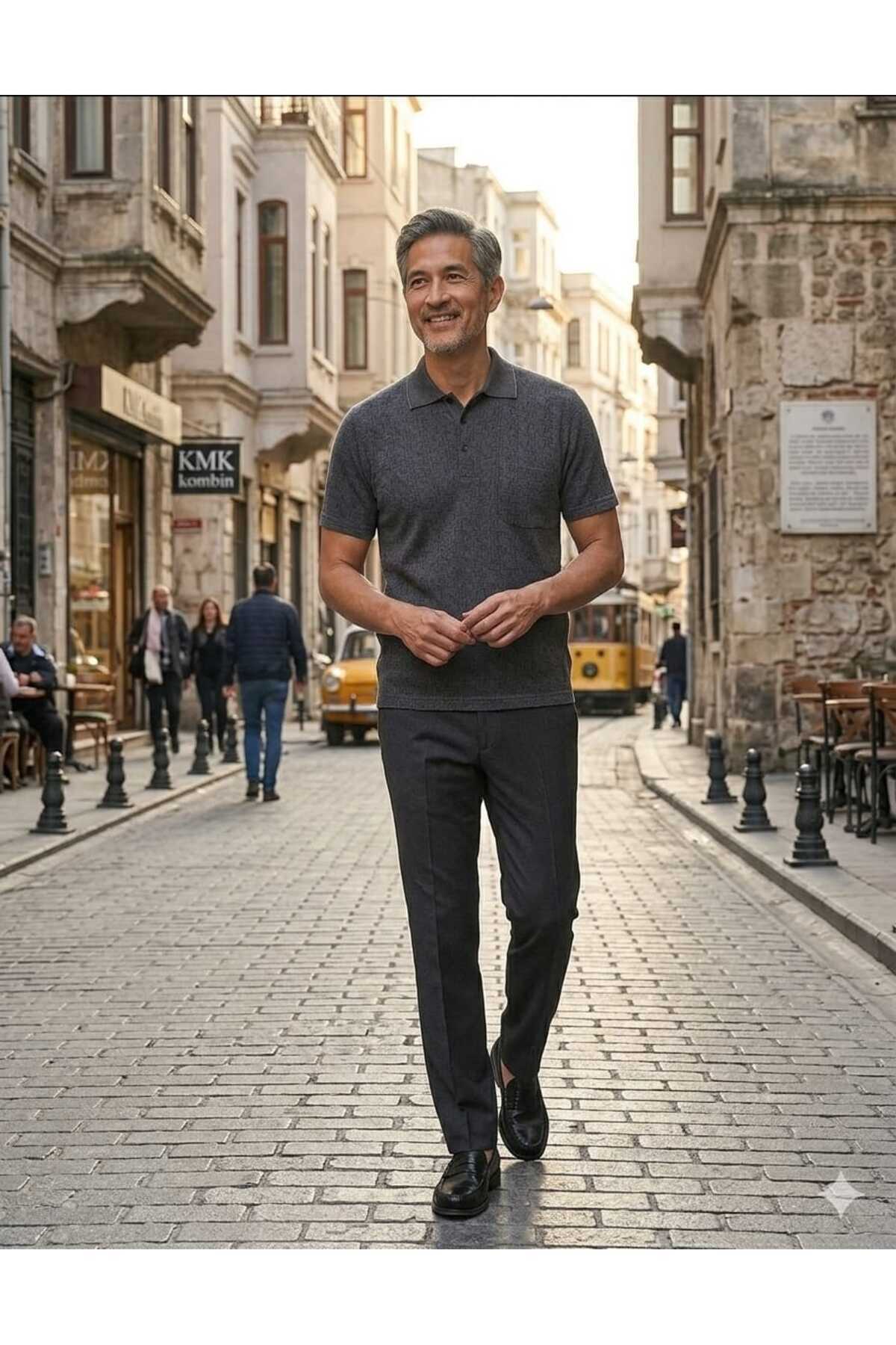 KMKkombin Baba Klasik Kesim Cepli Büyük Beden Polo Yaka Rahat Kesim Düğmeli Erkek Tişört görsel 3
