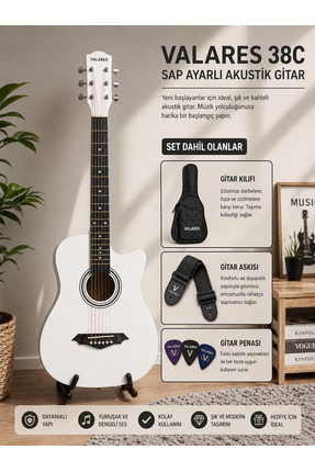 valares 38C Kesik Kasa beyazı Akustik Gitar 38 İnç 4/4 Sap Ayarlı Cutaway + Ç...