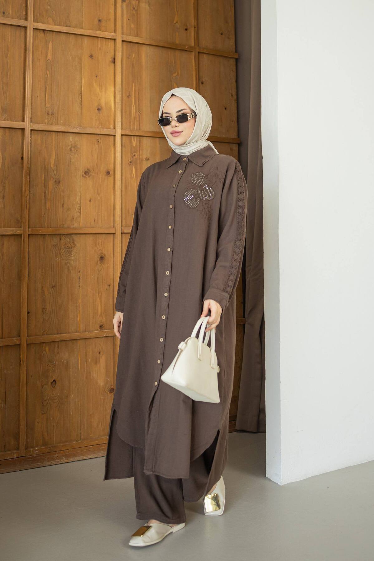PİNK FLY Embroidered Guipure Detailed 100% Linen Cotton Double Set