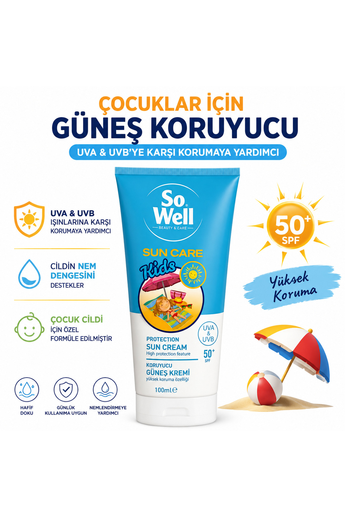 Sowell Sun Care Kids SPF 50+ Çocuk Güneş Kremi UVA & UVB Korumaya Yardımcı 100 ml — sw-ksc-100