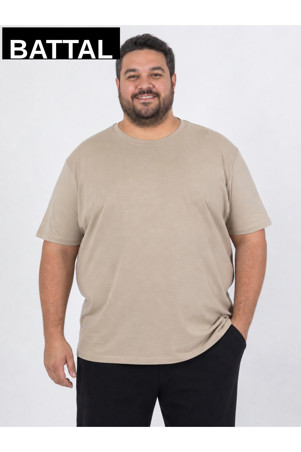 brz braazi Bej Erkek Büyük Beden Pamuklu Likralı Bisiklet Yaka T-Shirt