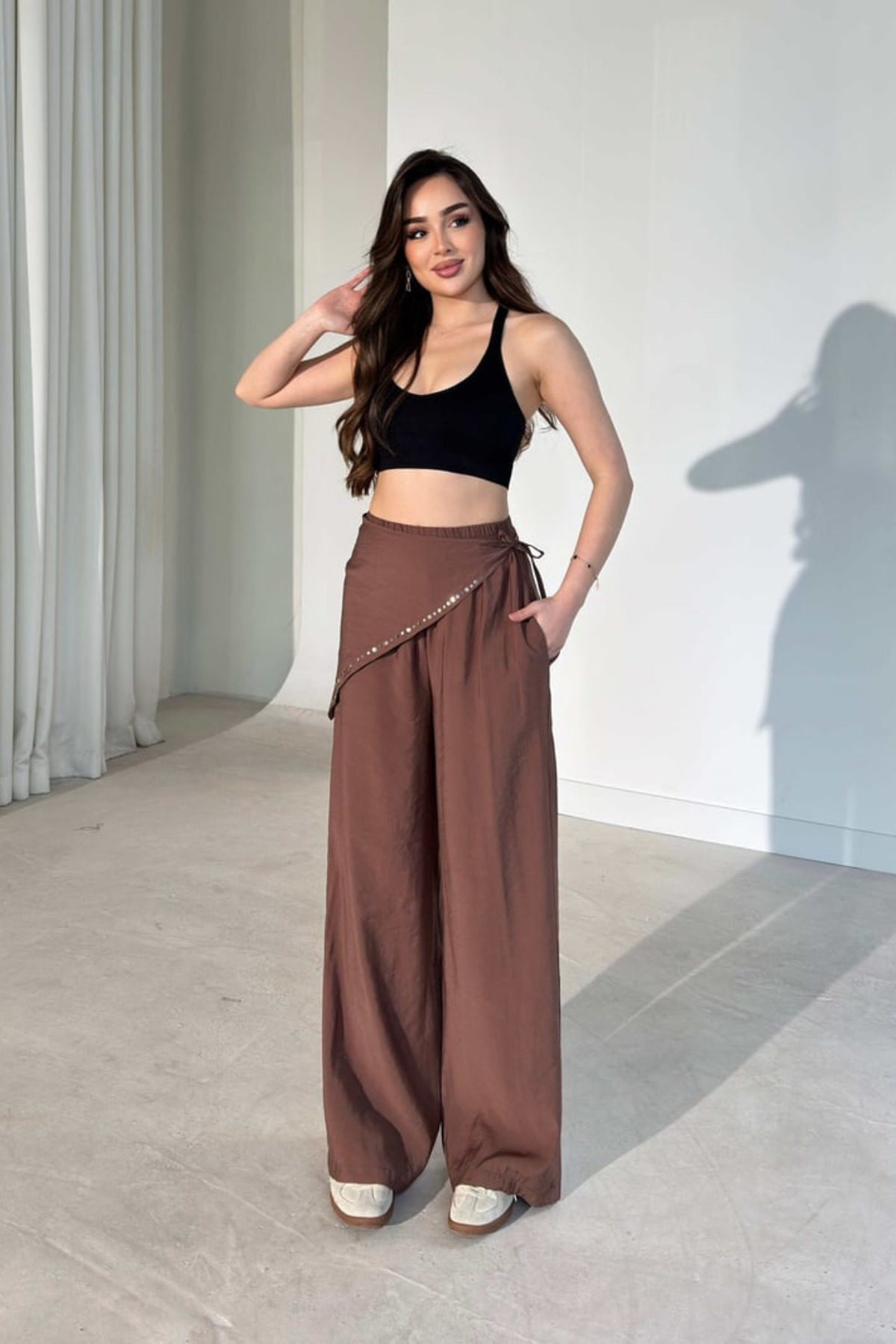 Women's Brown Gemstone Scarf Detail Wide Leg High Waist Pants