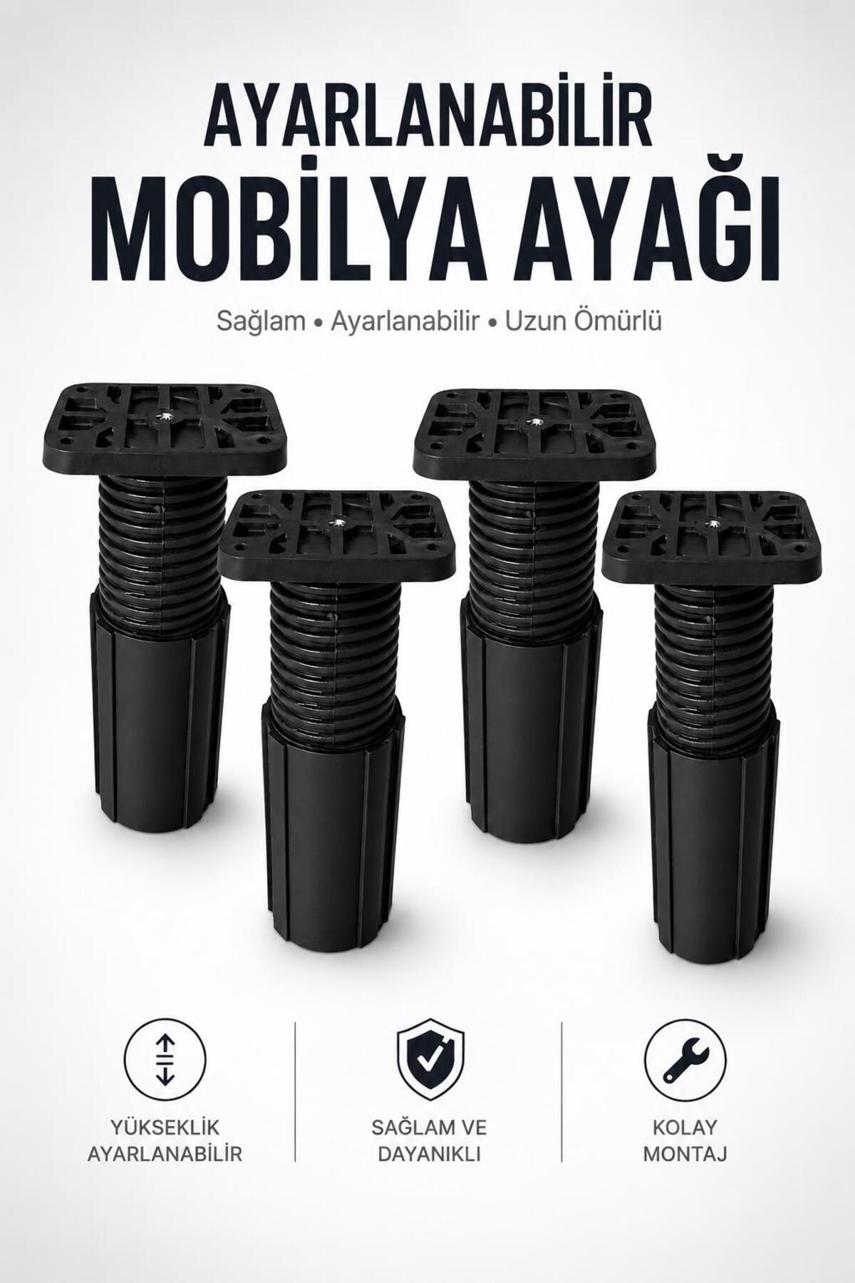 NZB 4 ADET Siyah Ayarlanabilir Kare Başlı Destek Ayağı 9.5x17 CM