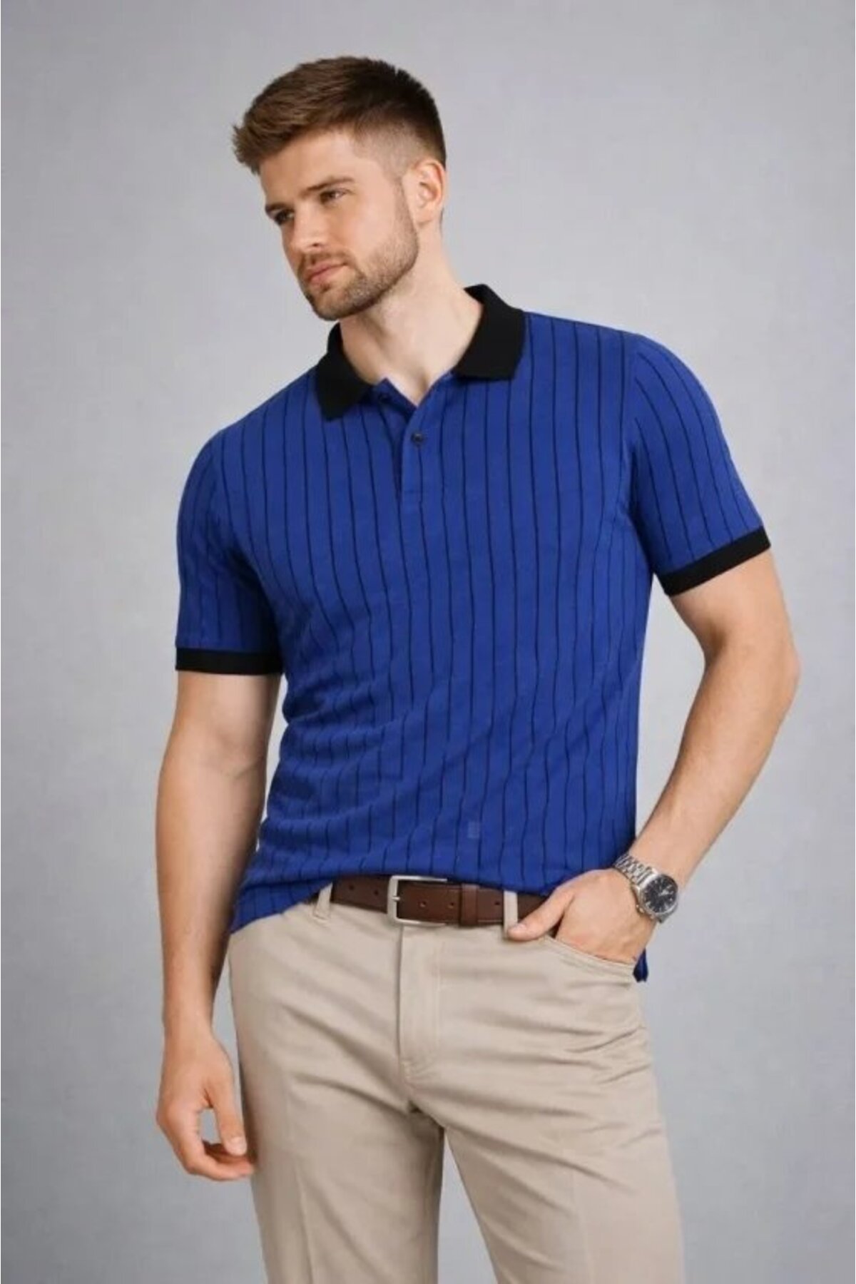 civetta Men's Polo Collar Striped T-Shirt Short Sleeve Buttoned Summer T-Shirt - Cobalt Blue
