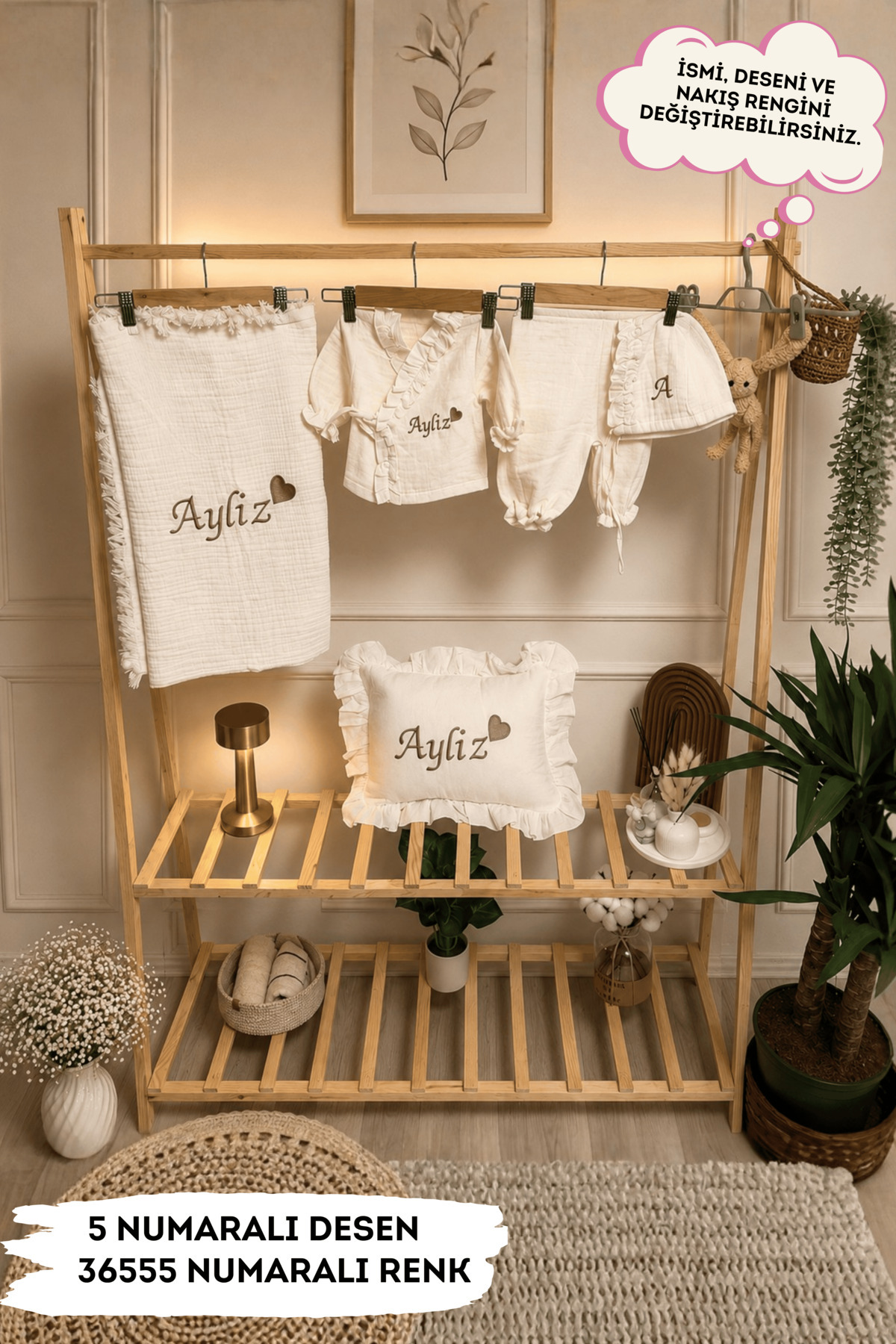 Named Newborn Outlet Top Ruffle Detailed Kimono and Pillowcase Embroidery (100% Cotton Muslin Fabric)