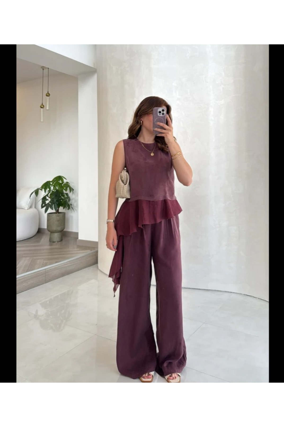 My Blog Plum Garnished Blouse and Pants Set - 51391