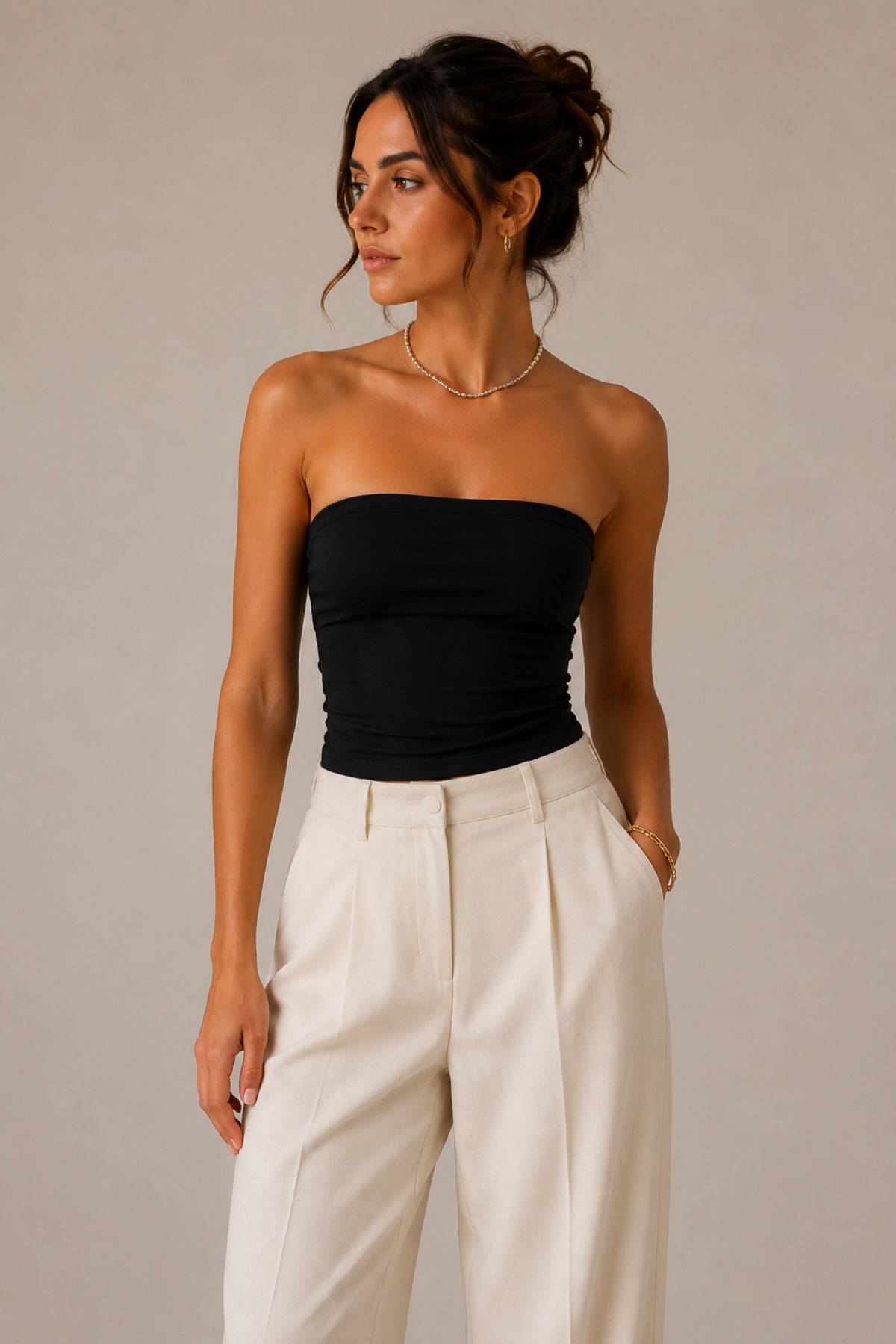 Gene 2-Piece Strapless Crop Women's T-Shirt Set | Black and White Basic Strapless Top