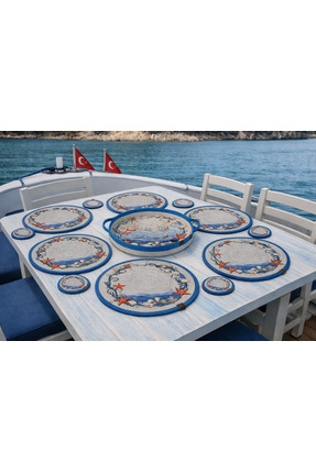 Be Cat Deniz Temalı Pamuk Kordon İp El Emeği 13 Parça Sofra Seti (6 Supla + 6...
