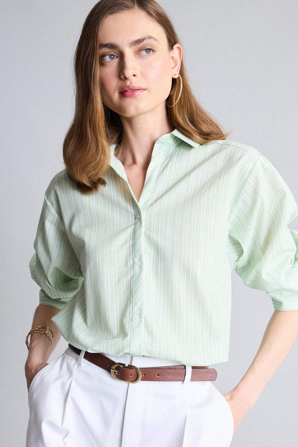 Defacto 100% Cotton Regular Fit Striped Long Sleeve Mint Green Shirt H7942Ax26Sm