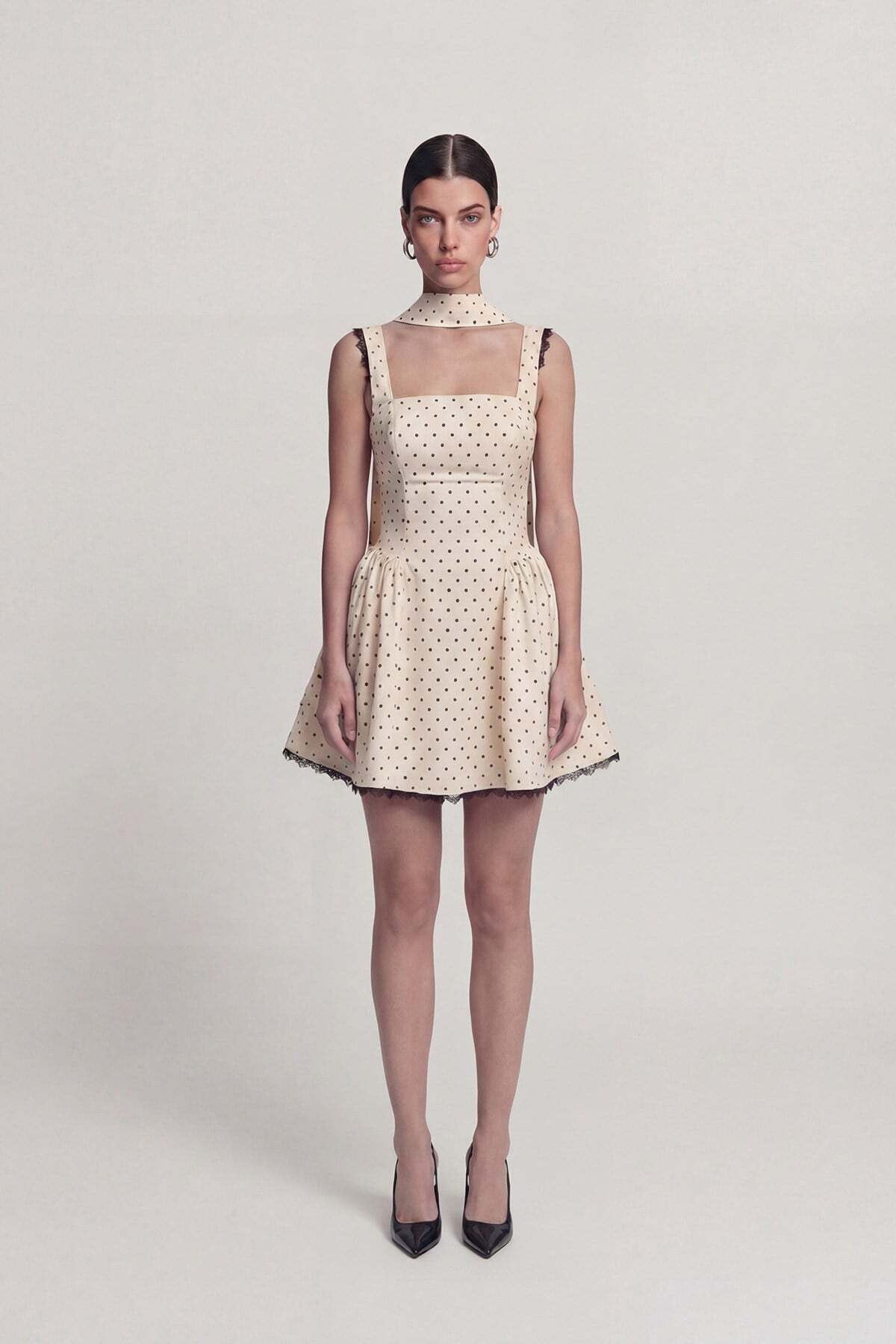 Polka Dot Shawl Detailed Lace Mini Yvonne Dress Cream