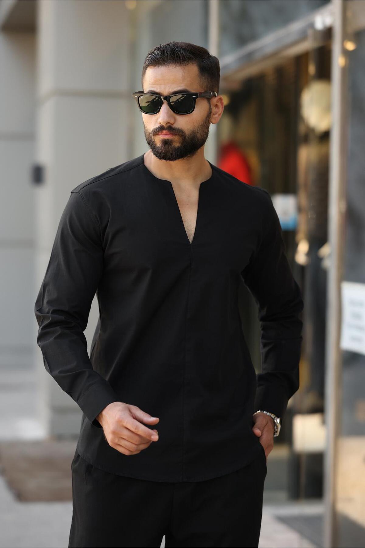 BAYIM Erkek V Kesim Hakim Yaka Slim Fit Sade Tasarım Uzun Kollu Gömlek