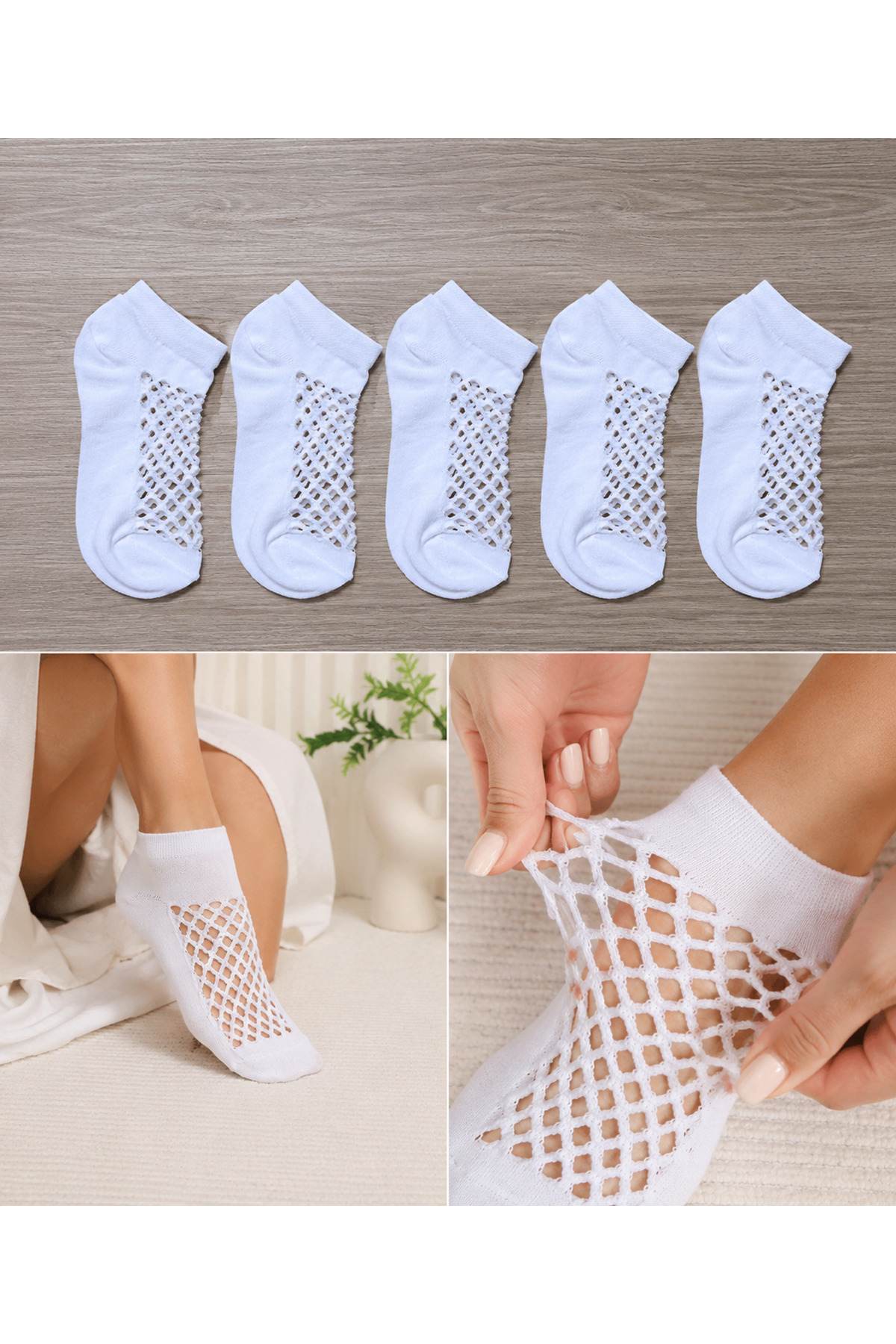 Hitit Socks Kadın 5 Çift Premium Kalite File Tasarım Bilek Çorabı Beyaz görsel 3