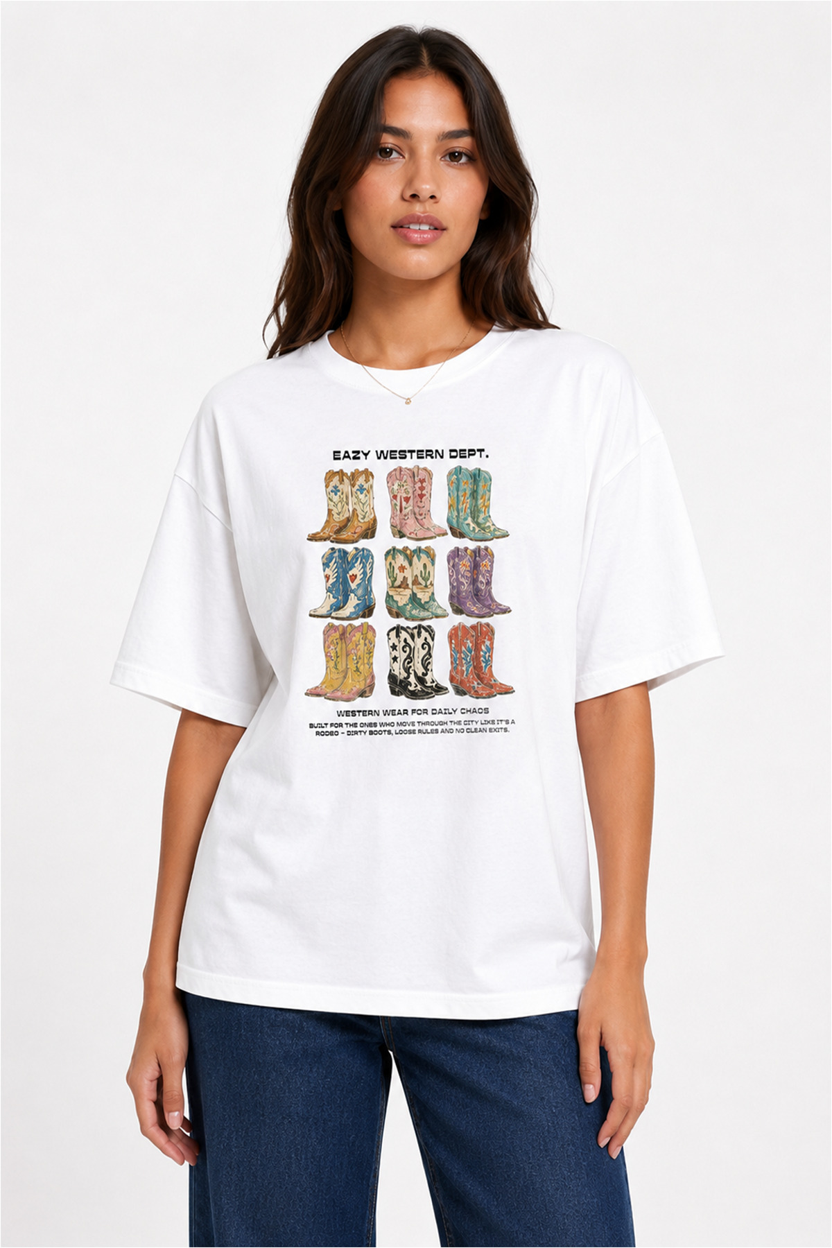 Eazy Co EAZY Unisex Oversize Tişört %100 Pamuk Beyaz Western Dept. Cowboy Baskılı T-Shirt görsel 2