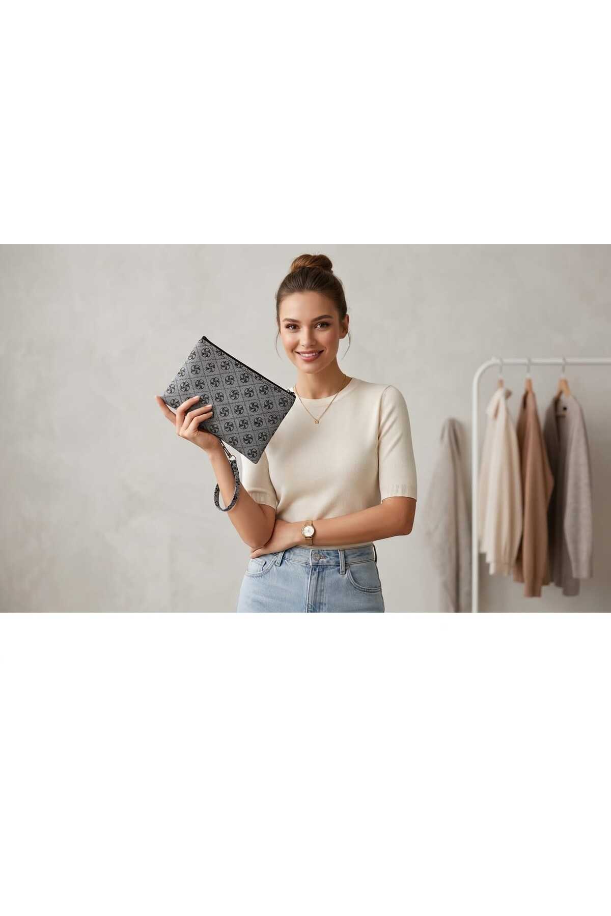 DİAMOND OUTLET Siyah-Gri-Beyaz- Clutch Çanta, 23x14 Cm Fermuarlı Şık El Çantası Günlük Kullanım görsel 3
