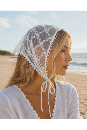 HAKİ Dantel Bandana Beyaz Çiçek Desenli Transparan Bel Bandanası Saç ve Bel A...