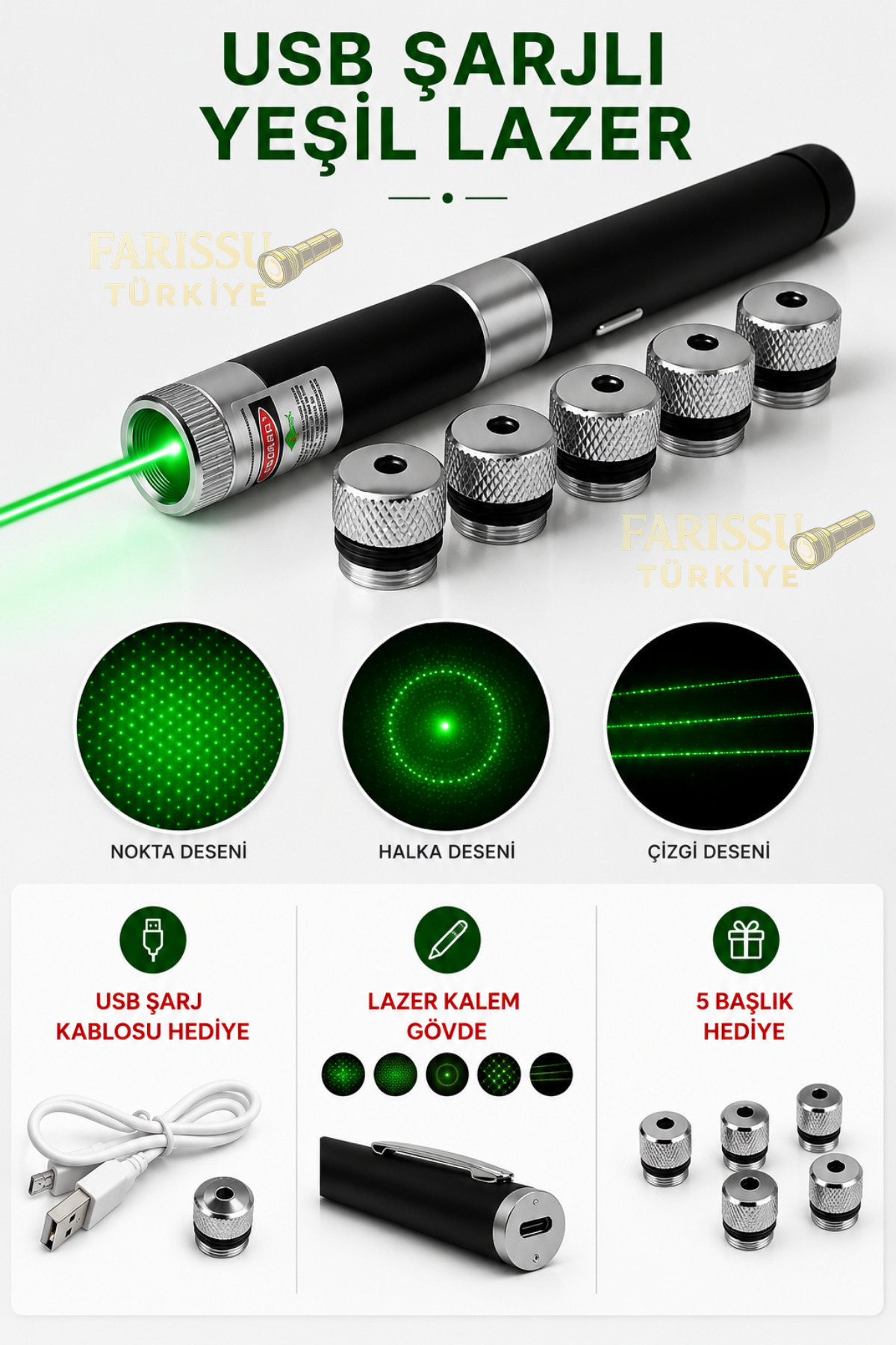 farissu USB Şarjlı Yeşil Lazer Poi nter Kalem - 5 Farklı Desen