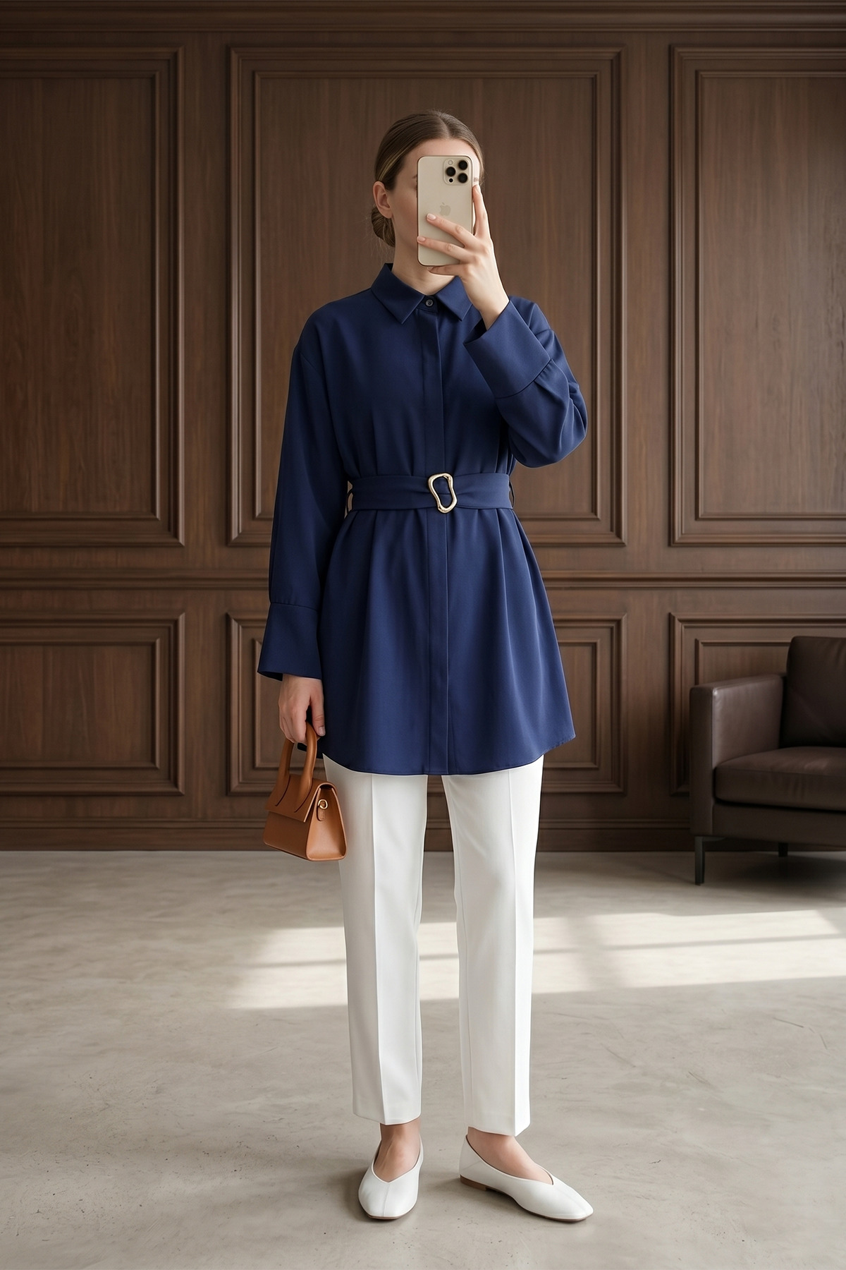 Nisa Poplin Tunic with Double Cuff and Belt - Navy