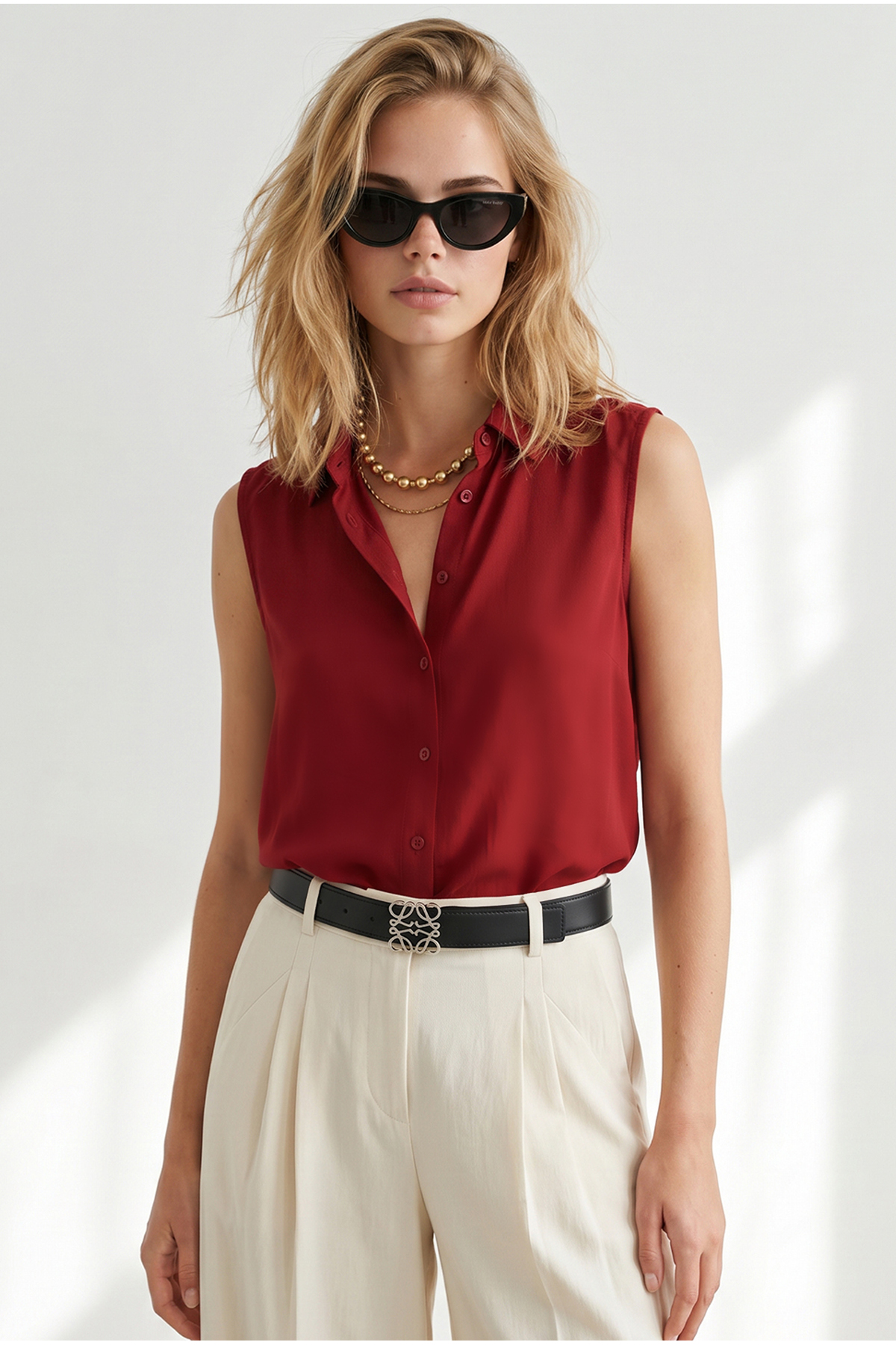 Women's Claret Red Sleeveless Viscose ShirtGML-19000631