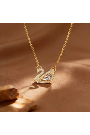 BlcGemStone Paslanmaz Çelik Kuğu Kolye - Zirkon Taşlı Gold Zincir Kolye (45 cm)
