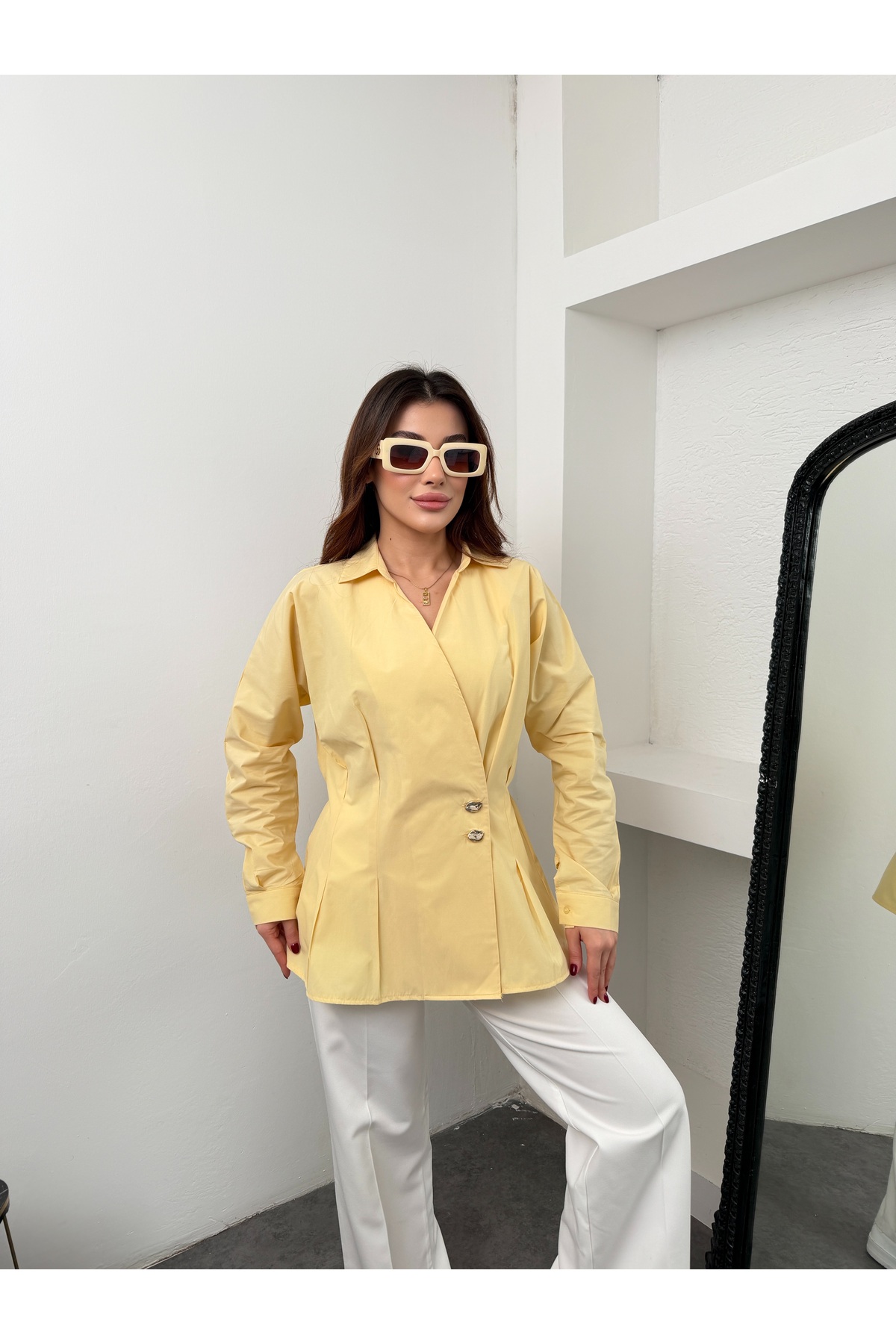 MiraMore Butik Gold Button Detailed Double-Breasted Shirt with Elastic Waist