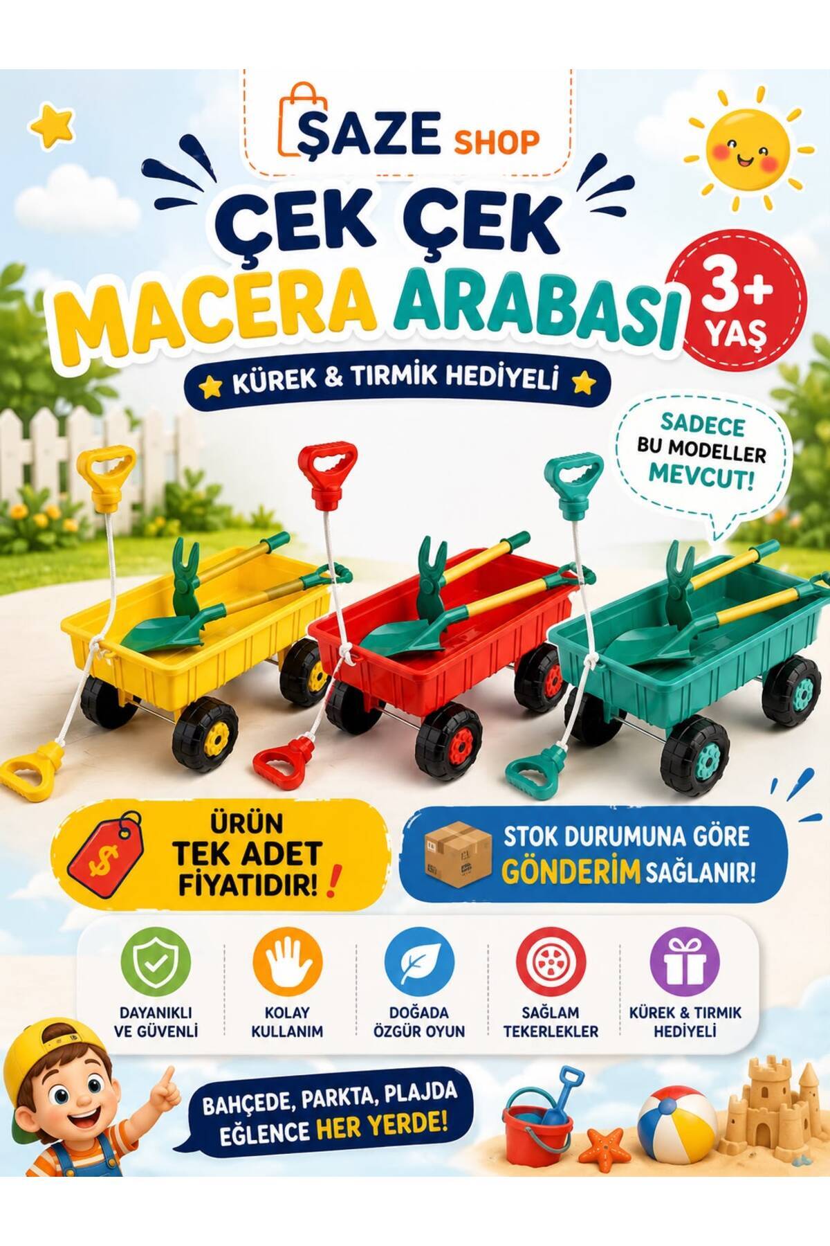 Sand and Garden Playset – Wheeled Toy Trolley with Shovel and Rake Accessory, Beach Sandbox 3+ Years
