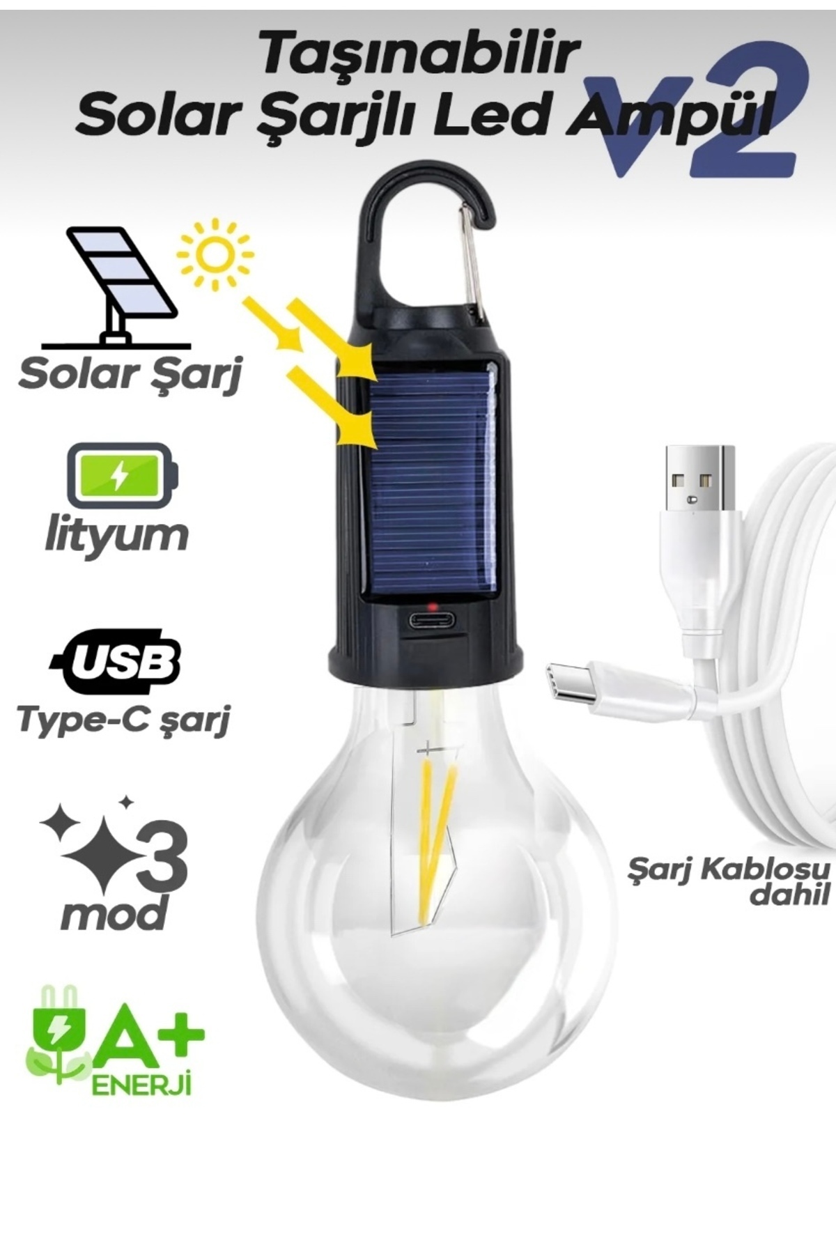 Byanes Taşınabilir Solar USB Led Ampul, Kamp ve Bahçe İçin 10W Askılı Işık