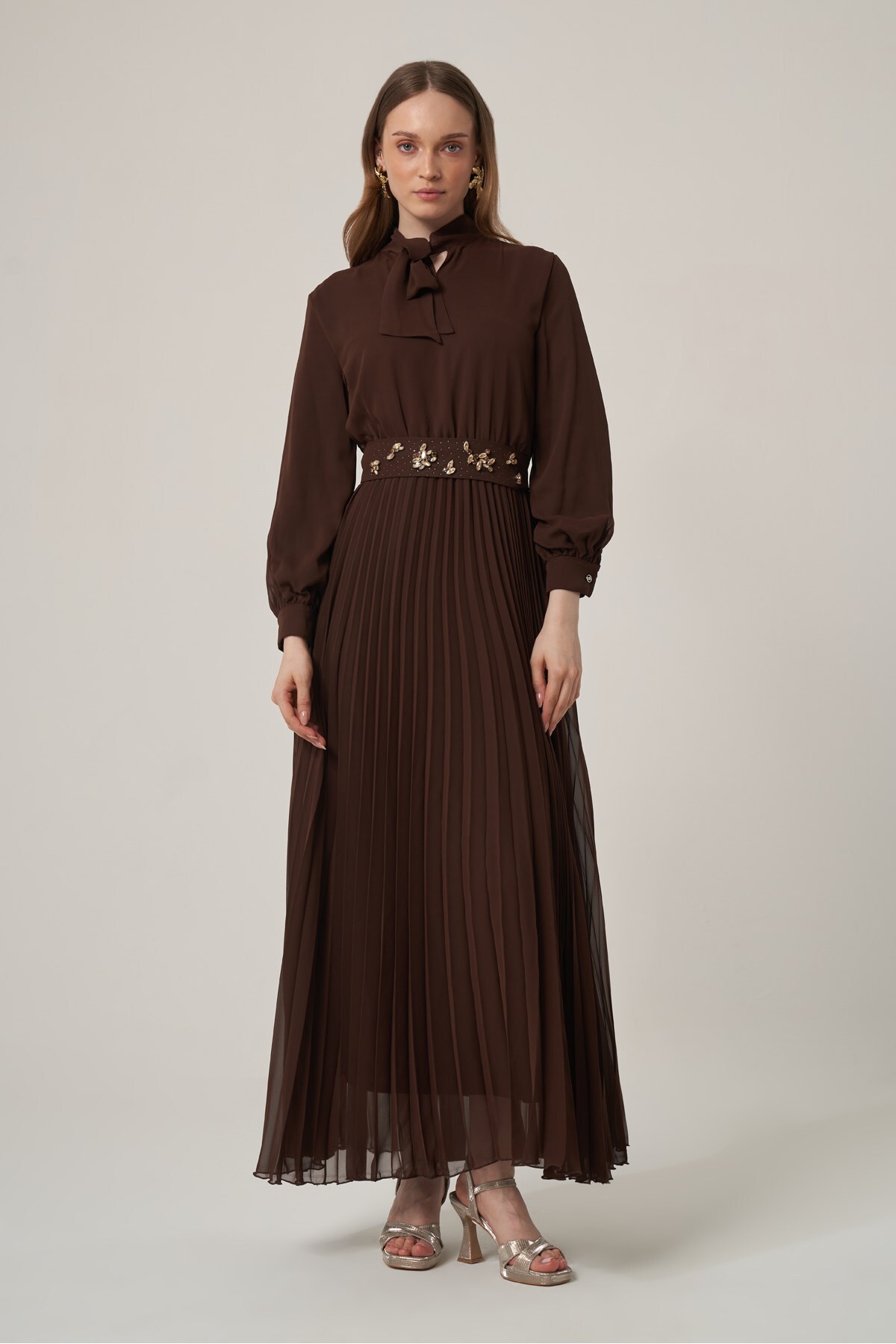 FTZ WOMEN Women's Chiffon Belted Pleated Dress Brown 31406