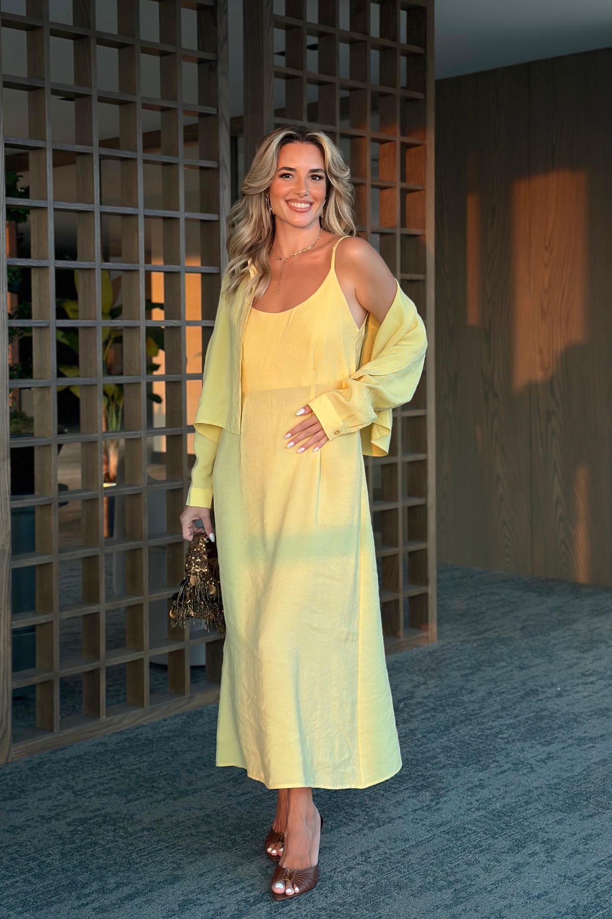 My Blog Yellow Crop Shirt Long Modal Dress Set - El51153