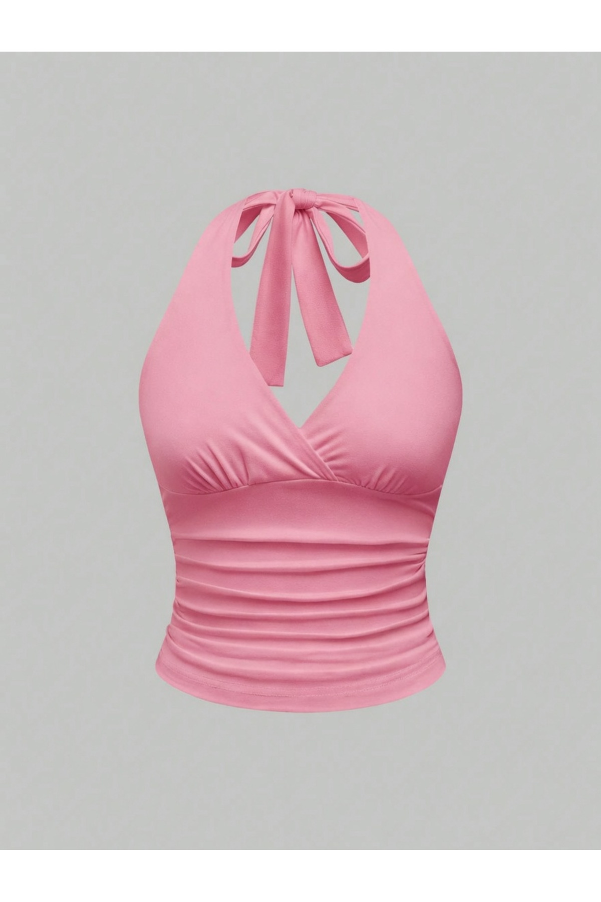 Wildco  Şeker Pembe Boyundan Bağlamalı Crop Bluz, Kadın Derin V Yaka Yazlık Toz Pembe Bluz - Görsel 4