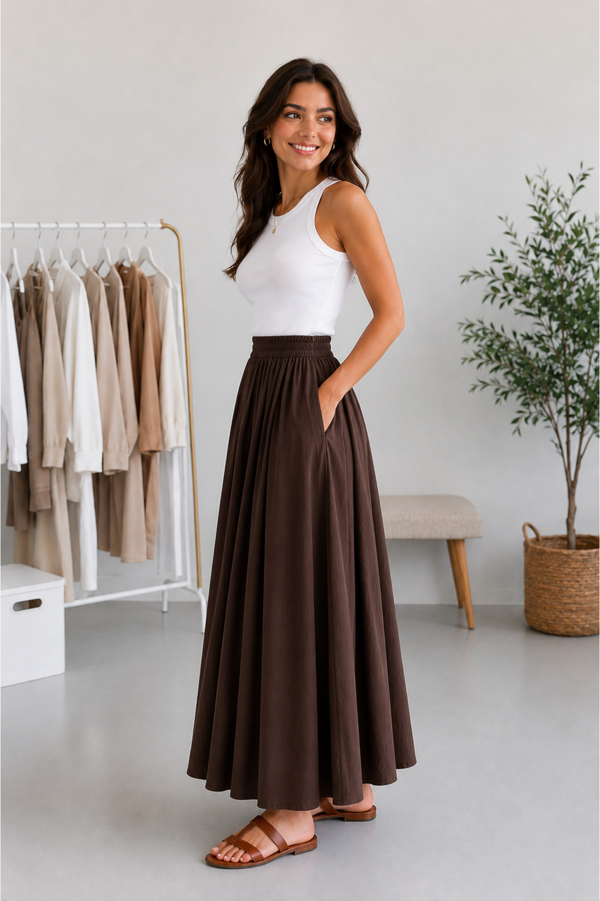 Dream Style  Kadın Tencel Kumaş Beli Lastikli Cep Detaylı Etek - Görsel 2