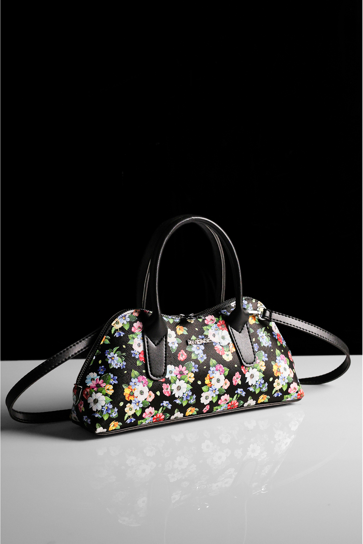 Women's Black Flower Patterned Hand and Shoulder Bag