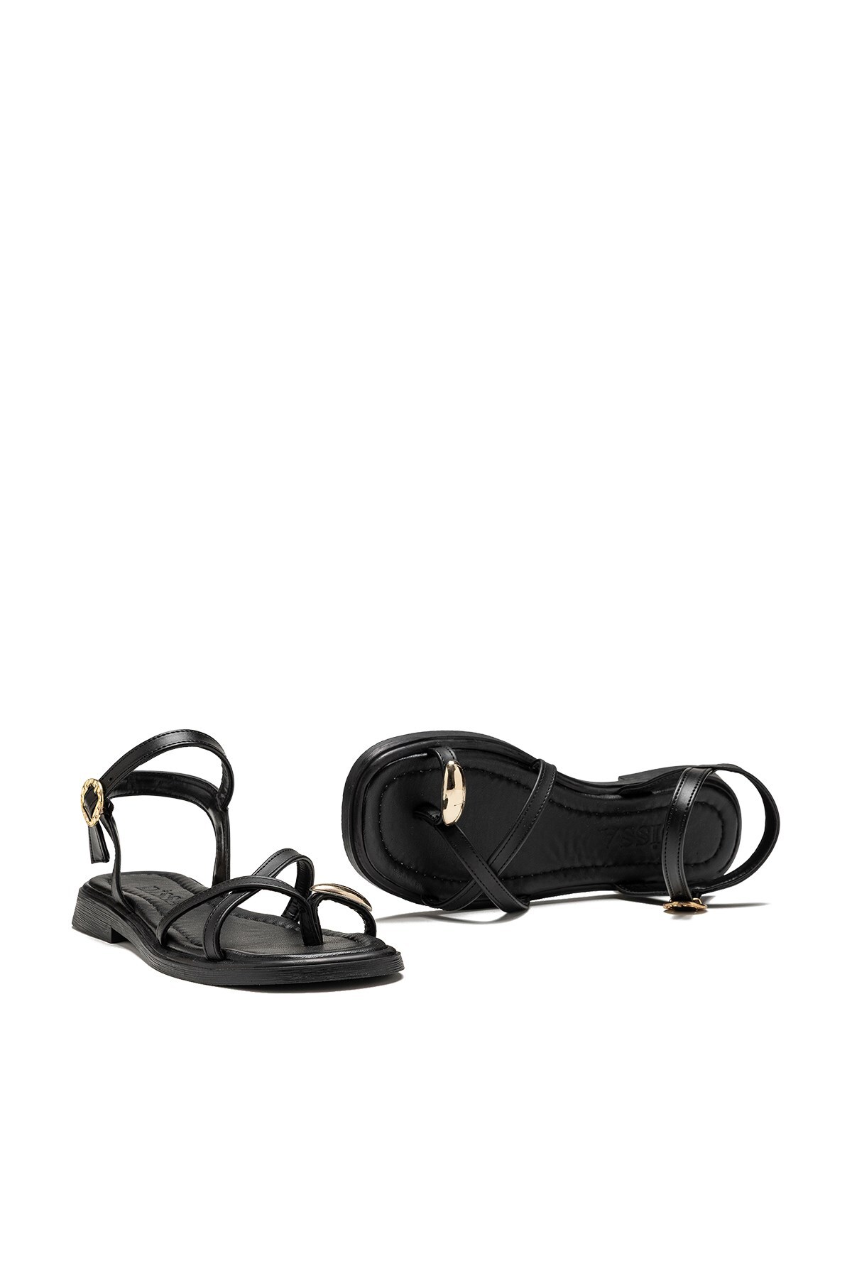 lady classy Kadın Gold Yüzük Detaylı Bilekten Bağlamalı Parmak Arası Sandalet görsel 2