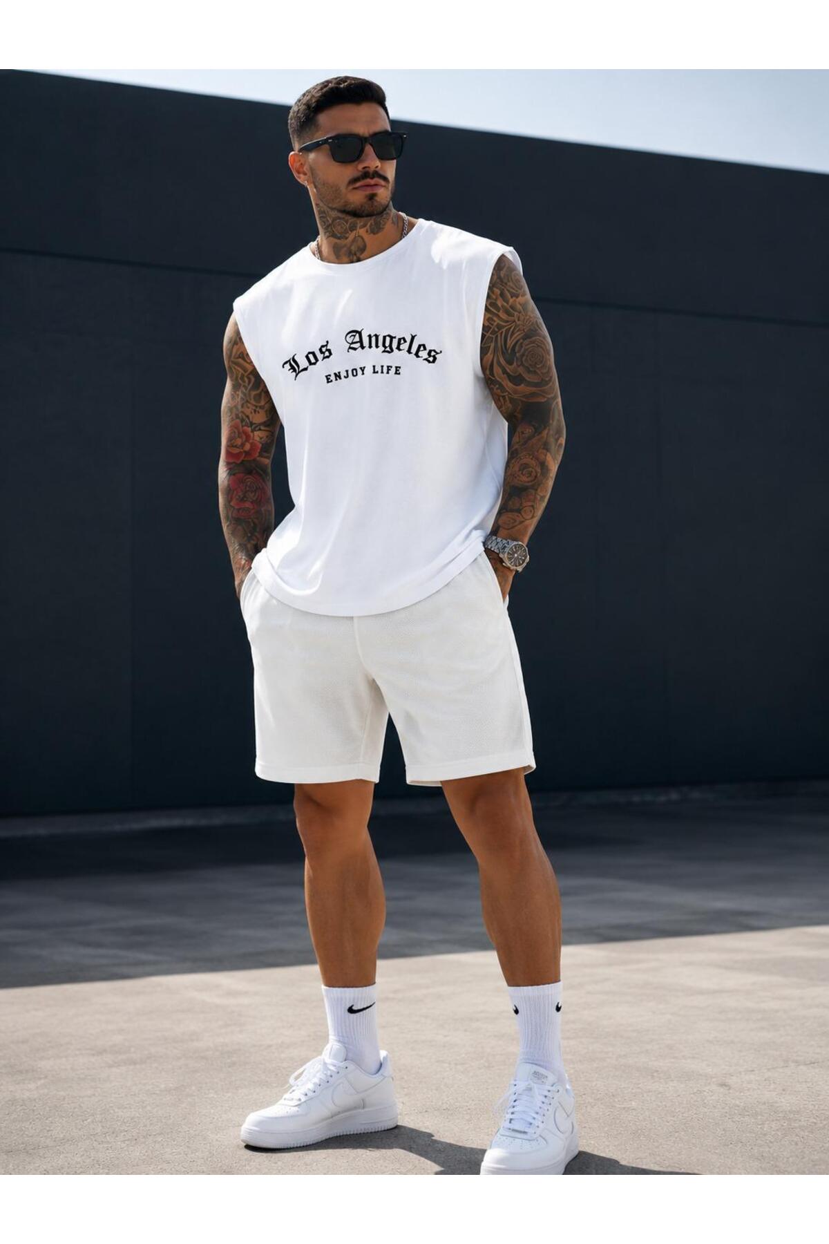 TREND EMMODA Men's Los Angeles Written Zero Sleeve Round Neck White T-Shirt / Tshirt