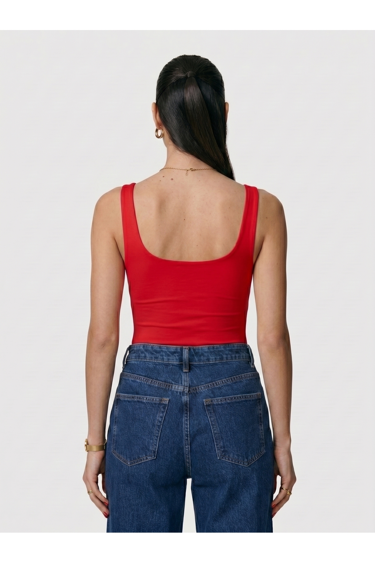 Kadın Kare Yaka Kalın Askılı Çıtçıtlı Body Slim Fit Dar Kalıp Likralı Bodysuit - Kırmızı 4