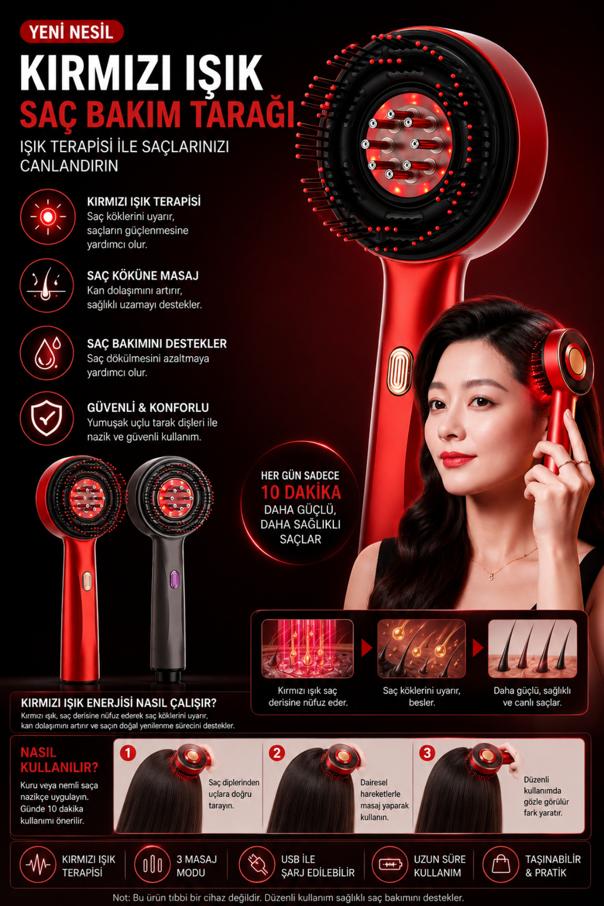 LED Red Light Therapy Hair Brush | Saç Derisi Masaj ve Bakım Tarağı — ME123458194 — تصویر 2 از 6