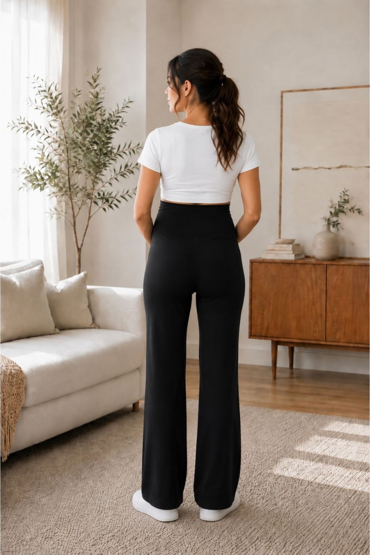 Maison La Femme Kadın Siyah Yüksek Bel Bol Paça Hamile Pantolonu görsel 7