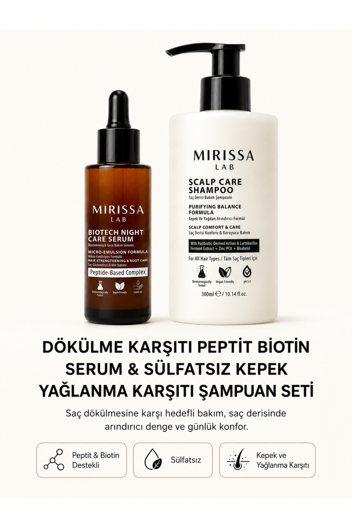 Dökülme Karşıtı Peptit Biotin Serum & Sülfatsız Kepek Yağlanma Karşıtı Şampuan Seti — MIR-SET-350