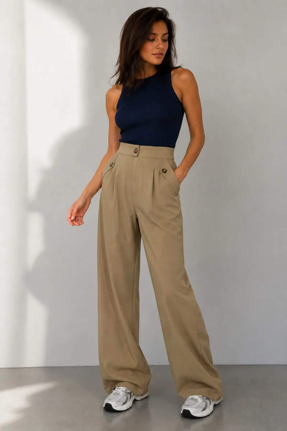 Morena Modern Women's High Waist Lycra Wide Leg Buttoned Pocket Detailed Palazzo Trousers