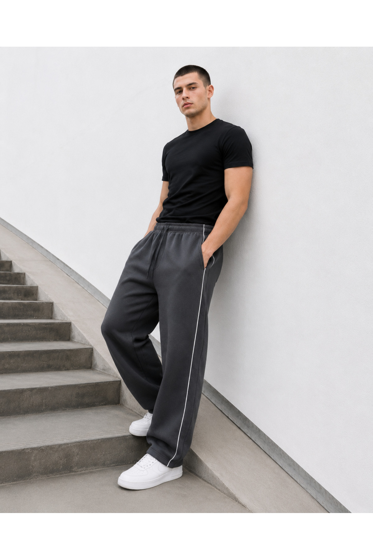 De Carte Harajuku Streetwear Yan Şeritli Erkek Bol Kesim Ayarlanabilir Geniş Paça Eşofman Altı görsel 5