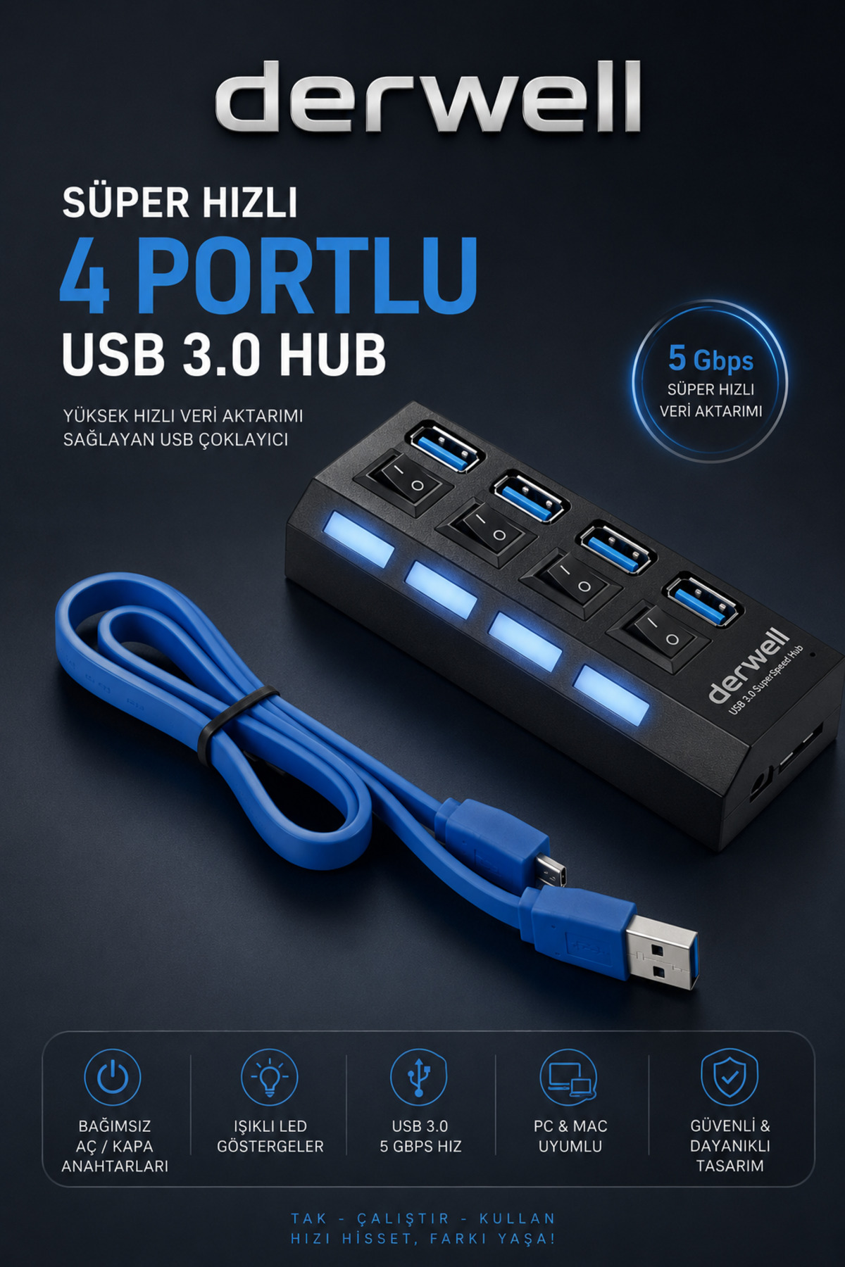 Süper Hızlı 4 Portlu USB 3.0 Hub Çoklayıcı Çoğaltıcı Adaptör Destekli PC Mac Uyumlu Işıklı On Off Bağımsız Anahtarlı Yüksek Hızlı Veri Aktarımı Sağlayan Siyah Dağıtıcı Switch Bağlantı Kablolu