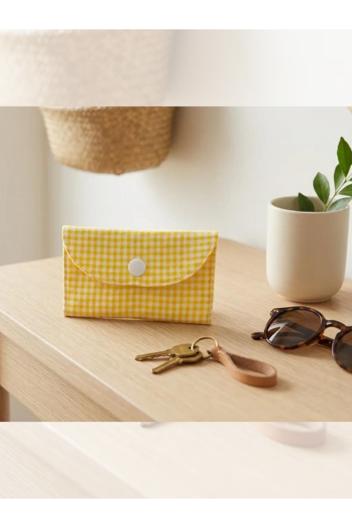 FivenStudio Kadın Kumaş Kartlık Cüzdan Sarı Pötikare | Çıtçıtlı Mini Kartlık, Kredi Kartı ve Kartvizit Organizer görsel 5